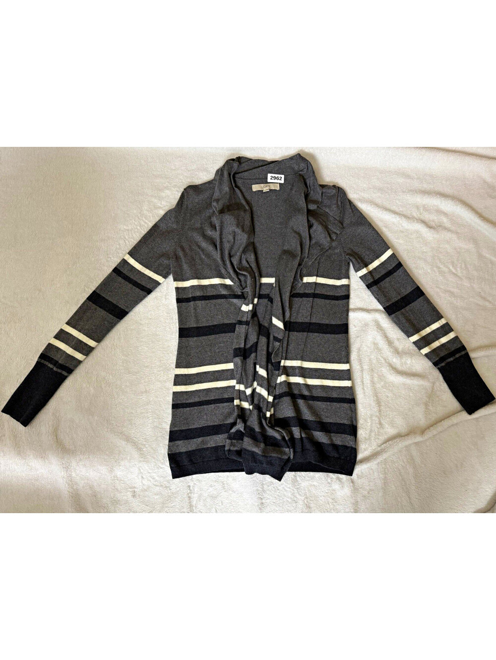Women’s LOFT Gray/Black/White Striped Open Front Knit Cardigan Sweater XS